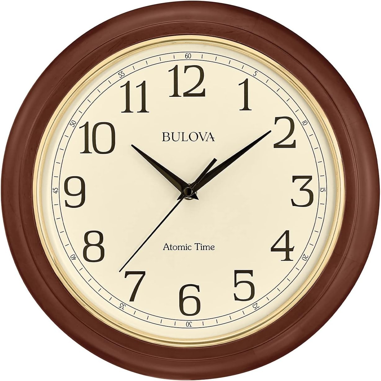Bulova Atomic Time 2 Analog Wall Clock C5004 | 12.4" Wooden Warm Brown Cherry