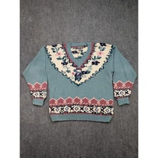 Vintage Paris Sport Club Sweater Medium Floral Knit V Neck Granny Core Cottage