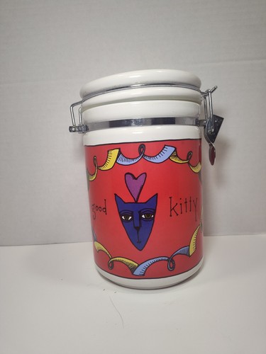 Signature Ursula Dodge Good Kitty Cat Treat Jar Ceramic Locking Canister Jester