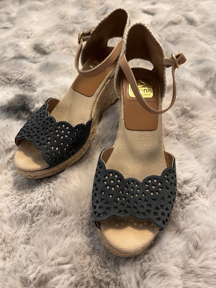 Kanna Alpargata Tacones de Cuña Zapatos Azul Tostado Gamuza Cuero Mujer Talla US 7 Foto 2 de 4