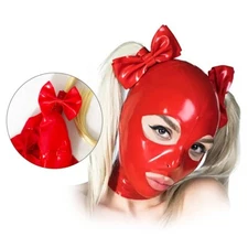 Red Latex Hood with Bow gold Wig Rubber Mask for Clubwear Cosplay Fetish BDSM