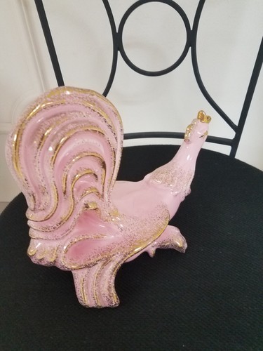 Mint 1950s 13" MCM Large Pink Ceramic chinese Fighting Cock Rooster Pink W Gold - Picture 6 of 9