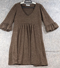 OB 2-12 Dress Womens Medium Brown Sweater Knit Pullover 3/4 Bell Sleeve V-Neck
