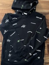 Champion Sweatshirt Boys Youth XL Black Pullover Hoodie All Over Logo Print