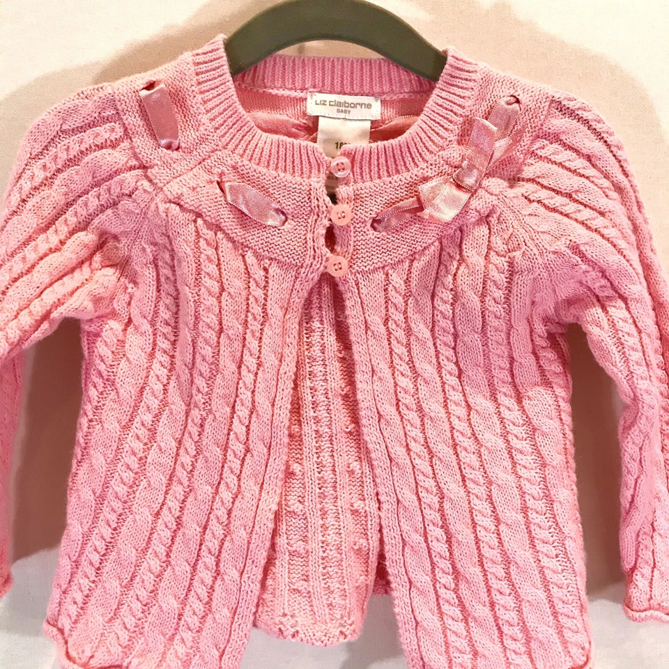 Cárdigan Liz Claiborne Bebé Rosa Crochet Frente Abierto Rosa Lazo Cinta Talla 18 Mos Foto 2 de 4