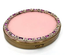 Kotler and Kopit K&K Powder Compact 1940s Rhinestones Pink Enamel Signed Puff