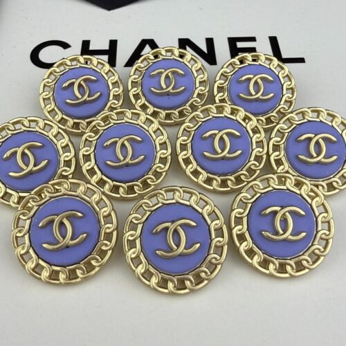 10 CHANEL BUTTONS GOLD BLUE CC LOGO METAL 23MM VINTAGE - Picture 5 of 10