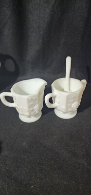 Westmoreland White Milk Glass Grape Creamer & Sugar Bowl Set With Spoon