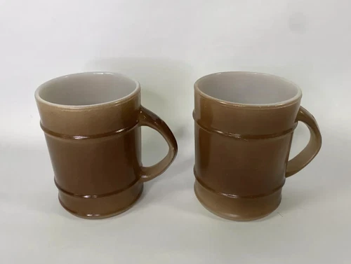 Anchor Hocking Fire King Oven Proof 2 Ranger Brown Barrel Coffee Mugs Made USA