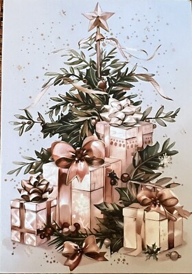 Vintage Inspired Postcard Christmas Tree Presents Gold Pink Hues #4385 - Tonya