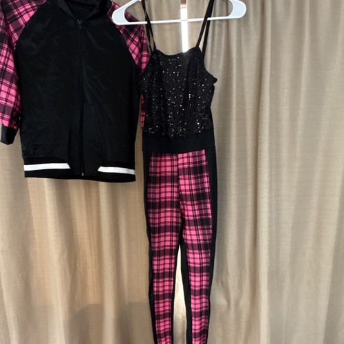Weissman Women’s Black Sequin Unitard w/ Pink Plaid Zip Jacket adult small