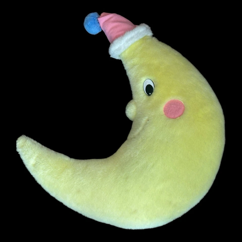 Peluche Vintage Antropomórfico Luna Media Luna 18" Amarillo Rosa Gorra Años 80-90 Juguete Decoración Foto 4 de 4