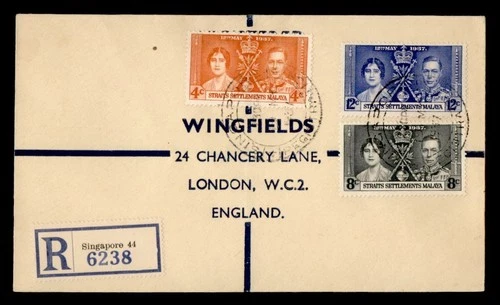 DR WHO 1937 MALAYA SINGAPORE FDC KGVI CORONATION COMBO REGISTERED M70774