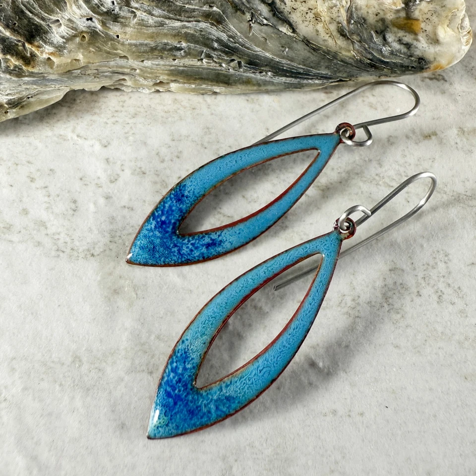 Blue Long Open Oval Enamel Earrings Handmade Enameled Copper Jewelry USA - Image 2 of 4