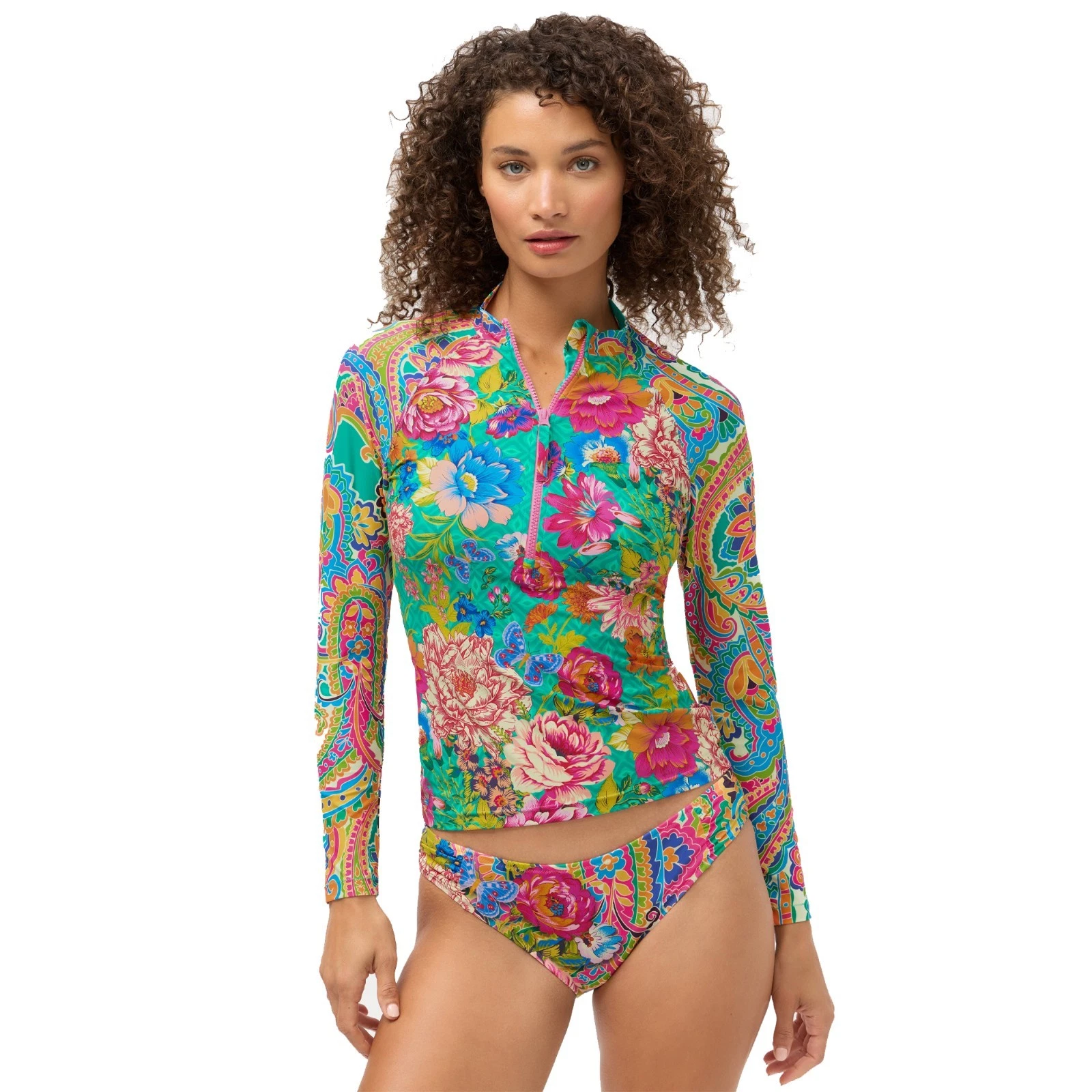 Johnny Was Sweetspire Long Surf Shirt Swim Green Floral Zip Rash Guard Top NEW