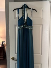 Cache Turquoise/ Lime Jeweled Halter Formal Evening Gown Dress Sz 8 Long Prom