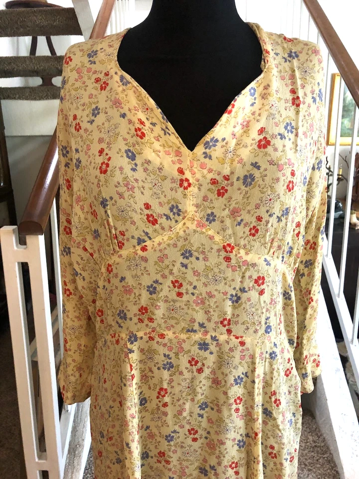 Эдвардианское Платье 30-х Желтое Микро Цветочный Косой Вырез Креп Вискоза Эпоха Депрессии L - Изображение 3 из 4