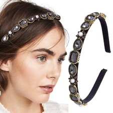 Baroque Rhinestones Headband Bling Crystal Head Bands Black Thin Pearl Hairba...