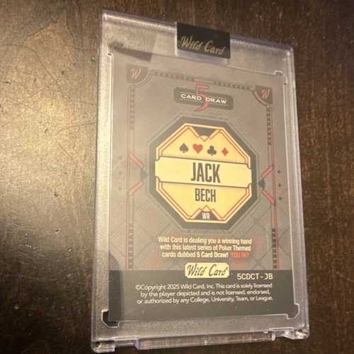 Wild Card 2025 5 Card Draw football card featuring Jack Bech in red and gold armor with holographic geometric background.