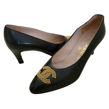 Chanel Vintage CC Logo Black Leather Pumps Heels IT 36.5 US 5.5–6 Gold