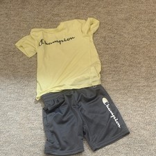 Champion Boys 2-Piece Outfit Set: Yellow Logo T-Shirt Gray Mesh Shorts, 4/5