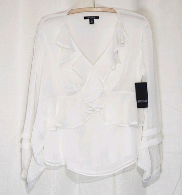 BCBG Women's Blouse Long Sleeve Ruffled V-neck White Size Large NWT
