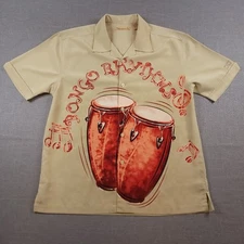 Hawaiian Bongo Drums Men's Large Button-Up Short Sleeve Shirt Beige Havanera