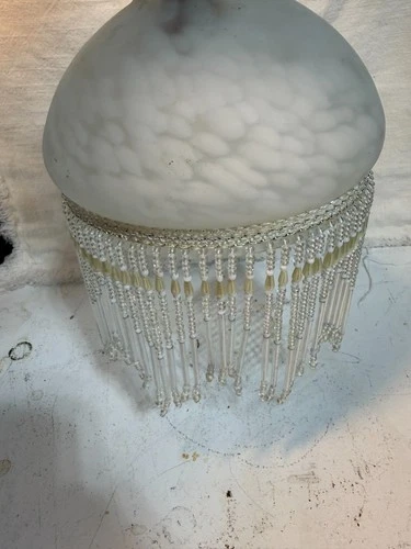 Vintage Beaded Tassle Mottled Milk Glass Frosted Lamp Shade 8"