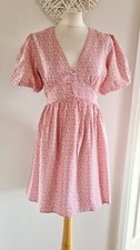 BNWT White Pink Ditsy Floral Print Tie Waist Tea Dress Size 10 Puff Sleeves Boho