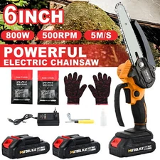 6" Mini Handheld Electric Chainsaw Cordless Chain Saw Wood Cutter W/2 Battery