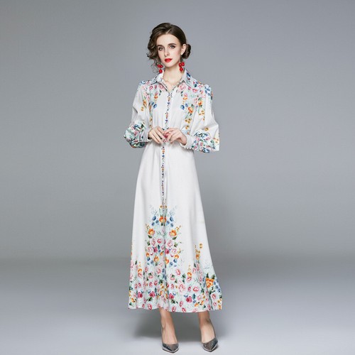 Spring Summer Women Retro Printed Shirt Collar Fashion Bubble Sleeves Long Dress - Picture 3 of 23