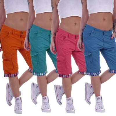 Womens Capri Shorts Cargo Pants Jeans Waist Jeans Boyfriend Pump 3/4 Pockets B138