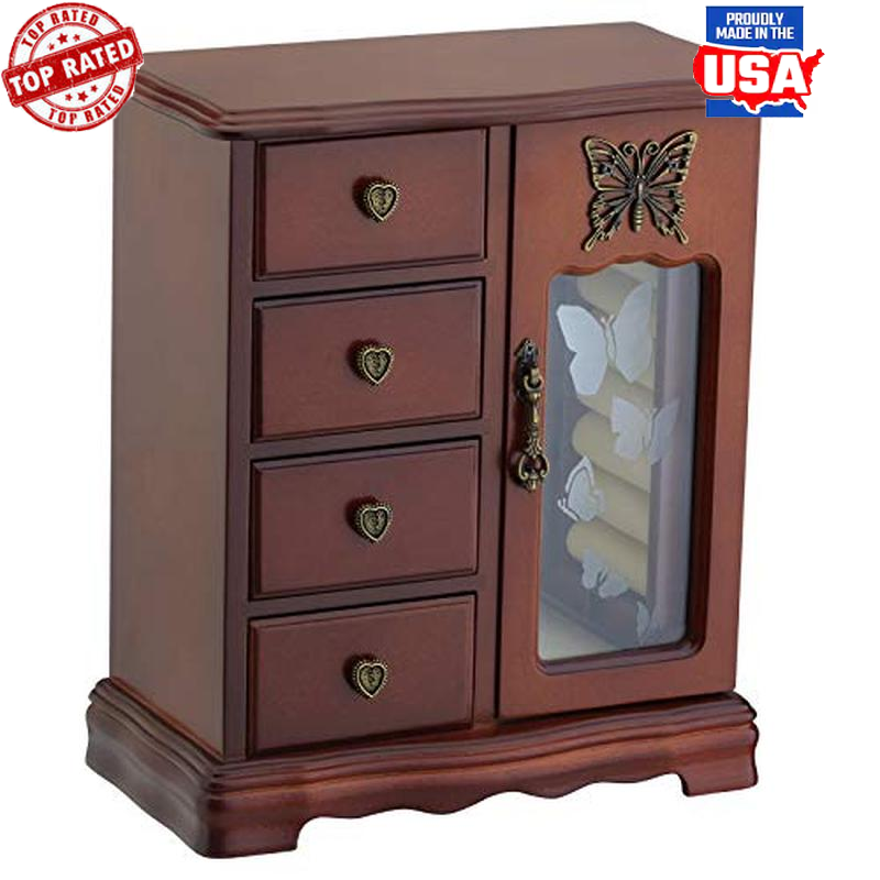 Solid Wood Jewelry Box Organizer Necklace Carousel 4-Drawer Storage W/ Mirror US