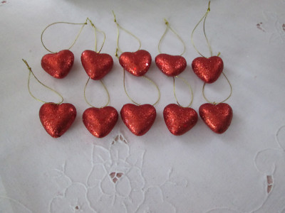 Pkg of 10- Small 1-1/4'' Red Glitter Heart Valentines Day Ornaments,  NEW  