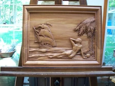 SHIPWRECKED,Castaway ,Carribean  island, baso relief wood 