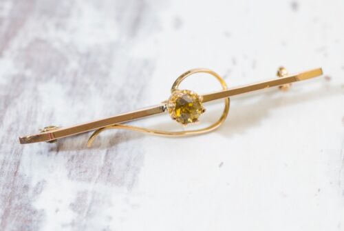 Antique 9ct Rose Gold Bar Brooch /Pin With Peridot Gemstone & Scroll Decoration