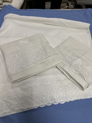 White Full Flat Sheet + 2 Pillowcases Eyelet Trim Shabby Chic