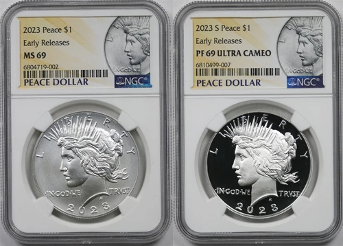 2023-P-S  $1 Peace Silver Dollar 2pc Set NGC MS69 PF 69 UCAM E/R  Peace Label