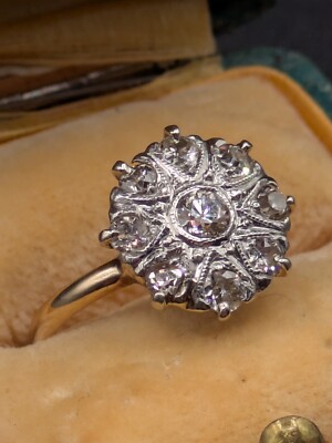 Antique Edwardian Old Cut Diamond Cluster Ring 10K Two Tone Gold - Size 4 3/4