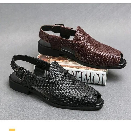 Mocassino elegante sandali uomo estivi in pelle pu fibbia su tessuto peeptoe - Foto 1 di 26