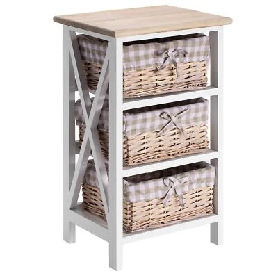 IDIMEX Table de chevet nuit 3 paniers bois paulownia shabby chic naturel blanc et brun
