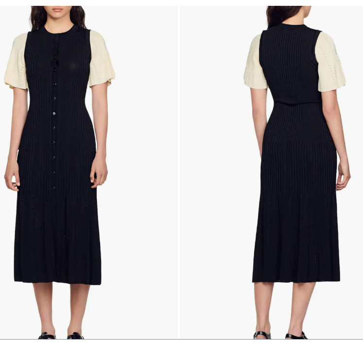 Sandro Menia Mixed Media Button Front Dress BLACK… - image 1