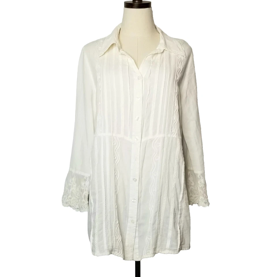 Túnica bohemia de manga larga bordada crema Soft Surroundings, mediana