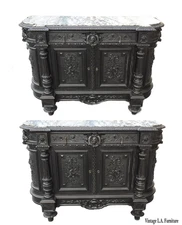 Pair Antique French Renaissance Ebonized Baroque Marble Sideboards Buffet France