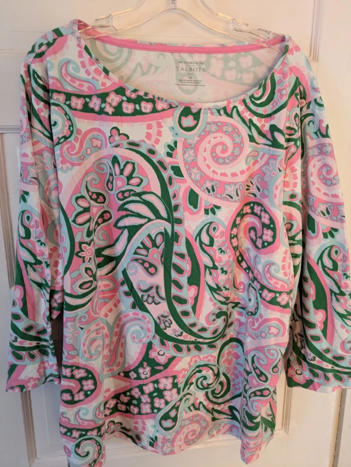 Camiseta The Talbots 3X Estampado Paisley Manga 3/4 Rosa Turca Blanco Algodón/Spandex Top Foto 2 de 4
