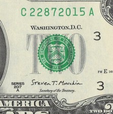 Year Note 2015 in the Serial Number Series 2017A 2 Dollar Bill C22872015A