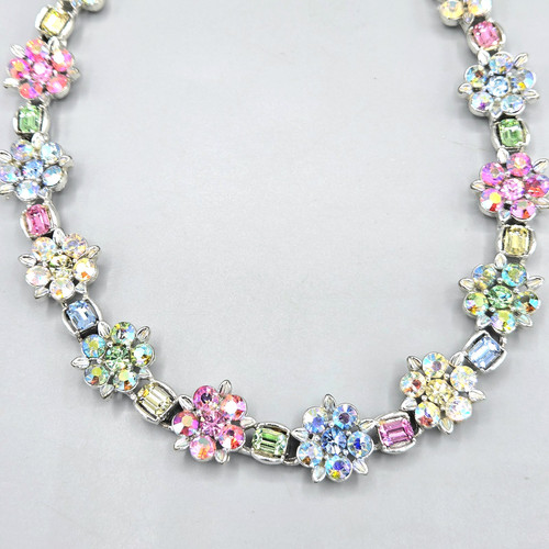 Vintage Unsigned Lisner Pastel Fruit Salad Rhinestone Silver Tone Necklace 17"