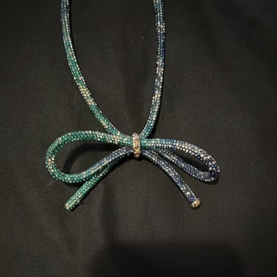 Betsey Johnson Blue Green Crystal Rhinestone Bow Pendant Snake Chain Necklace
