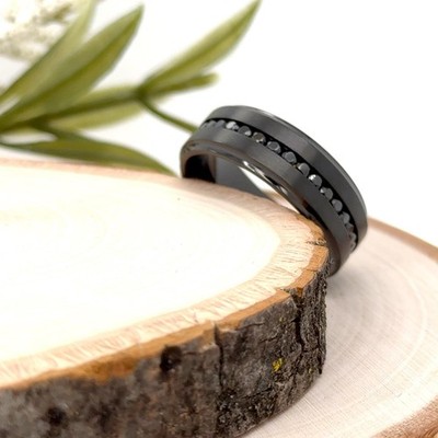8mm Black Titanium Stepped Edge Band CZ Inlay Hypoallergenic Ring For Christmas