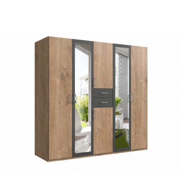 DrehtüRenschrank Kleiderschrank 225Cm SchubkäSten Spiegel Eiche Dekor Und Grafit-image